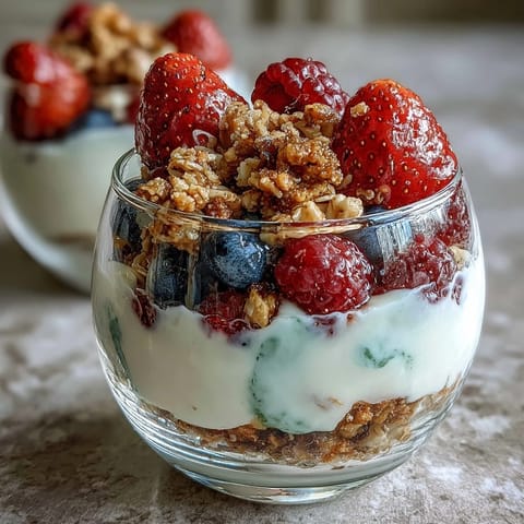 A vibrant 10-minute Greek yogurt berry parfait layered with fresh strawberries, blueberries, and crunchy granola crumble.