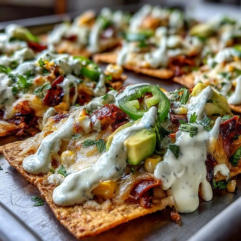 Crispy tortilla chips loaded with roasted peppers, zucchini, and corn, topped with zesty salsa verde and creamy cashew queso.