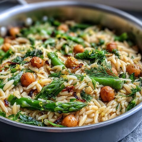 Vibrant one-pot lemon herb orzo with chickpeas and spring vegetables in a skillet, garnished with fresh parsley.  