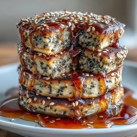 Fluffy black sesame pancakes with a nutty aroma, drizzled with golden maple syrup and sprinkled with toasted seeds.