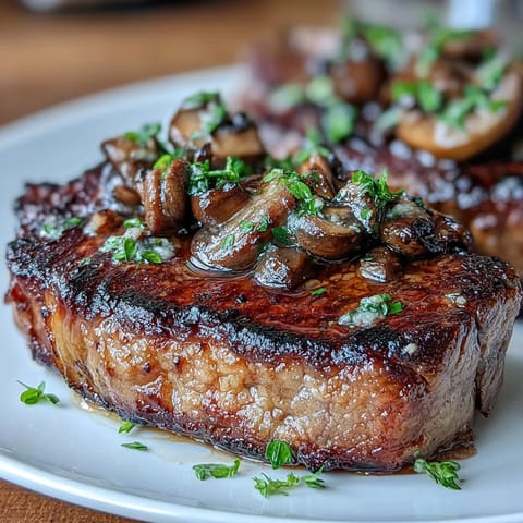 Rich, buttery wild mushrooms and garlic melt over a perfectly seared steak, creating a savory, aromatic dish.  