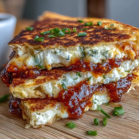 Warm flour tortillas filled with tangy goat cheese and sweet-spicy chili jam, pan-fried until golden and oozing with flavor.  