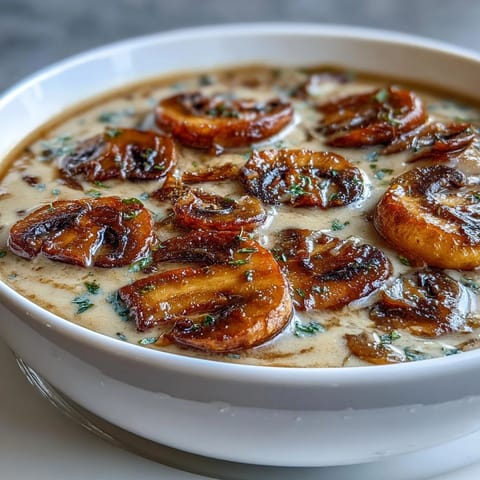 Creamy Mushroom & Cardamom Soup with sautéed mushrooms and aromatic cardamom in a velvety broth.  