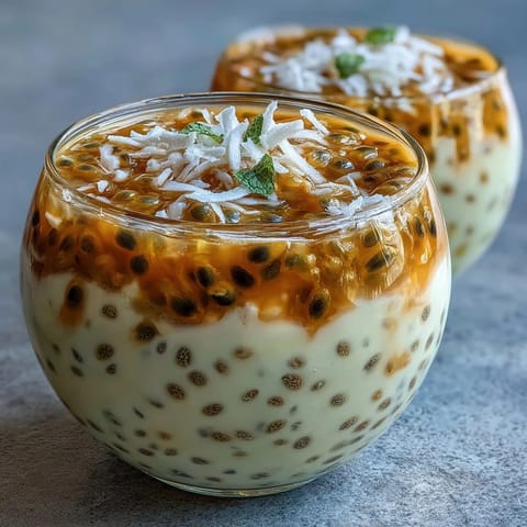 Creamy passionfruit chia pudding with coconut milk, tangy passionfruit puree, and fresh coconut topping, served chilled in glass jars.