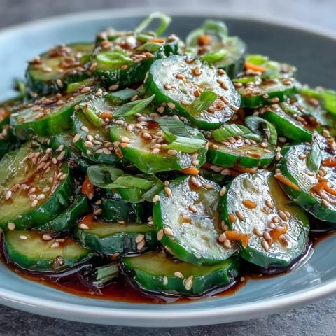 Crisp Asian sesame cucumber salad with soy dressing, garnished with toasted sesame seeds and fresh cilantro.