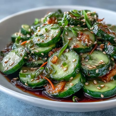 Crunchy cucumbers tossed in tangy soy-sesame dressing, served as a refreshing vegan side dish.
