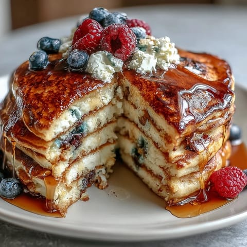 Fluffy protein pancakes loaded with cottage cheese and mixed berries, served warm for a nourishing breakfast.  