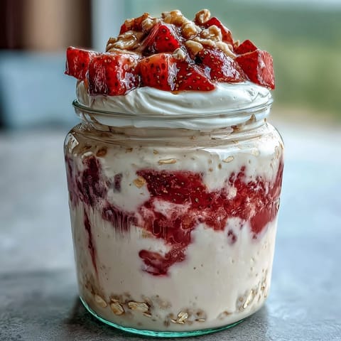 Mason jar breakfast featuring strawberry cheesecake overnight oats with chia seeds and maple syrup.  