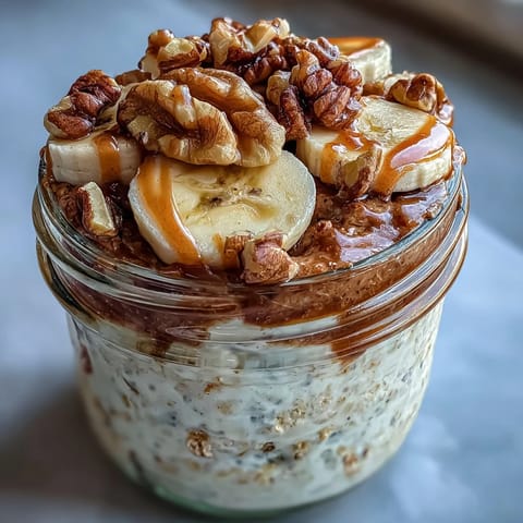 Creamy banana bread overnight oats topped with crunchy walnuts and fresh banana slices in a jar.  