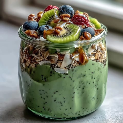 Vibrant matcha overnight oats with coconut and chia seeds, topped with fresh kiwi and banana slices for a refreshing breakfast.