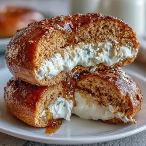 Soft, honey-sweetened whole wheat bagels topped with seeds, served alongside a light and creamy yogurt dip for a nourishing breakfast.