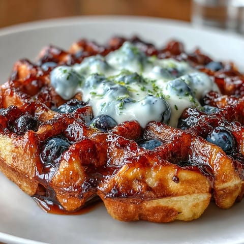 Golden sourdough waffles loaded with juicy blueberries and zesty lemon, served with creamy maple yogurt for a vibrant brunch delight.