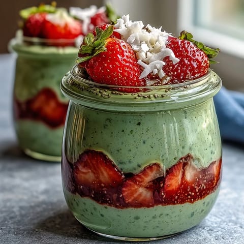 Vibrant strawberry matcha overnight chia oats with fresh berries and green tea swirl for a healthy breakfast.