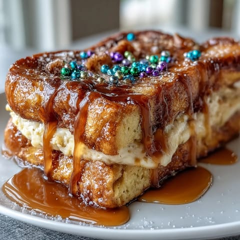 King Cake Overnight French Toast Bake with cinnamon-swirl brioche soaked in creamy custard, baked golden, and drizzled with festive icing and colorful sprinkles.