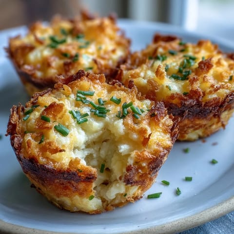 Funeral potatoes muffin cups with creamy potato filling and crunchy cornflake topping, baked to golden perfection for a comforting brunch dish.  