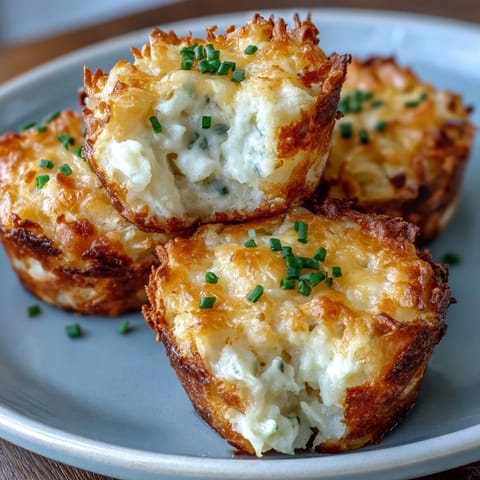 Cheesy funeral potatoes in individual muffin cups, featuring shredded hash browns, sour cream, and a buttery cornflake crust, ideal for parties.  