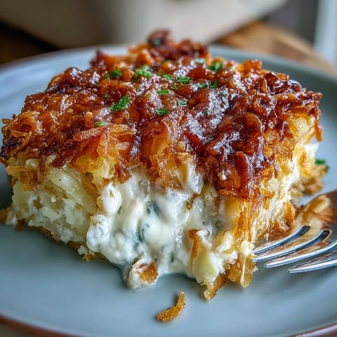 Warm and cheesy funeral potatoes casserole with golden hashbrown topping, perfect for family gatherings and potluck dinners.