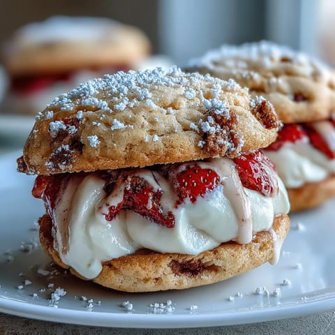 Delicious strawberry shortcake cookies with cream filling, showcasing fresh strawberries and fluffy vanilla cream between tender cookies.