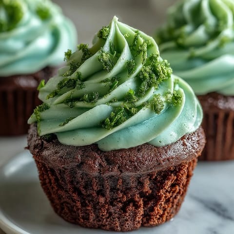 Rich green velvet cupcakes topped with smooth vanilla frosting and festive shamrock sprinkles for a holiday treat.