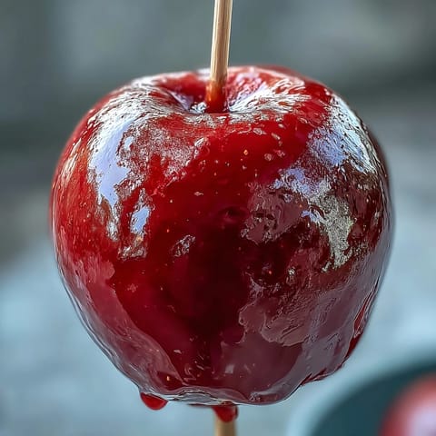 Crisp Granny Smith apples dipped in a sweet, crackling red candy shell, perfect for Halloween parties and holiday desserts.  