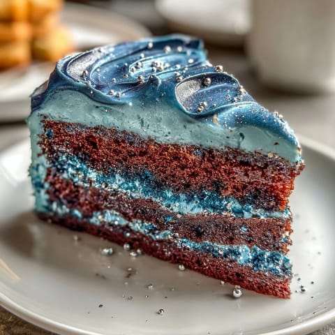 A mesmerizing Pisces-Themed Galaxy Cake with shimmering edible glitter and swirls of blue and purple buttercream.