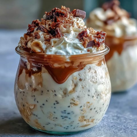 Creamy vanilla bean frappuccino overnight oats layered in a jar, topped with whipped cream and dark chocolate shavings for a dreamy dessert.
