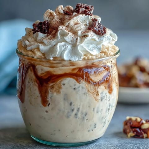 Rich coffee-infused overnight oats dessert jar with vanilla bean, Greek yogurt, and espresso, garnished with caramel drizzle and whipped cream.