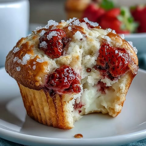 Fluffy homemade muffins bursting with fresh strawberries and creamy yogurt, offering a tender crumb and delightful berry flavor.  