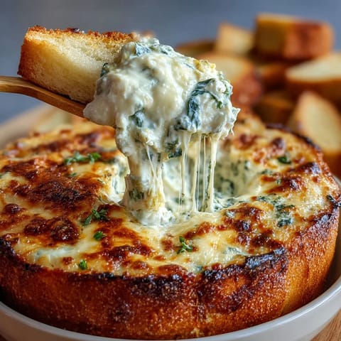 Warm cheesy spinach artichoke dip served in a crusty bread bowl, garnished with green herbs for festive flair.