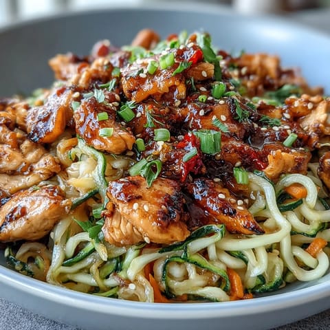 A colorful, healthy zucchini noodle stir fry with tender chicken, crisp vegetables, and savory Asian-inspired sauce.