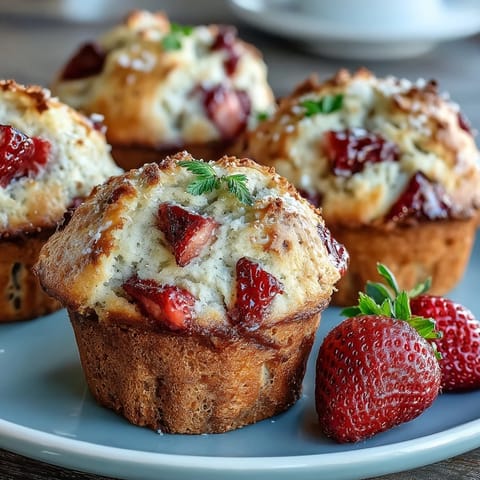Golden strawberry muffins loaded with white chocolate chips, fresh berries, and a tender crumb—perfect for breakfast or brunch.