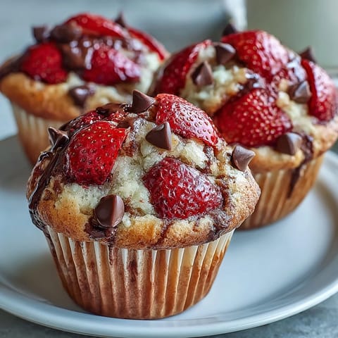 A tray of fluffy muffins bursting with juicy strawberries and creamy white chocolate chips, fresh from the oven and ready to enjoy.