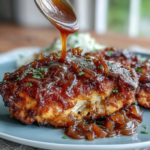 Hearty Soul Food Smothered Chicken with Onion Gravy, golden and juicy, served over creamy mashed potatoes.