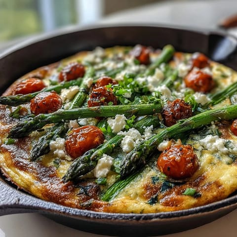Healthy Easy Spring Veggie Frittata with vibrant asparagus, spinach, and feta cheese, baked golden and perfect for brunch.