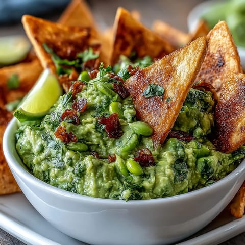 Creamy avocado and edamame guacamole served with crispy, golden pita chips for a fresh, protein-rich snack.
