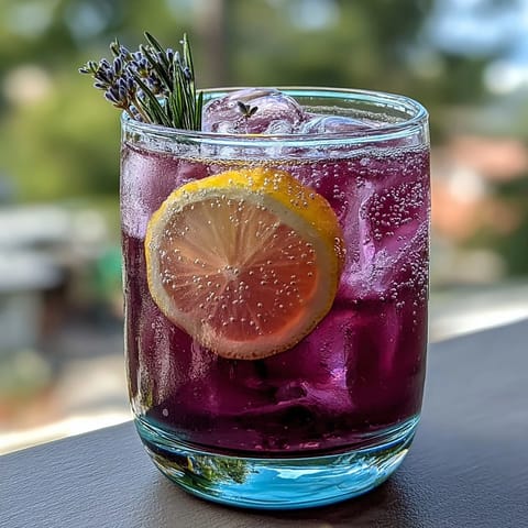 A sparkling lavender lemonade cocktail with lemon slices and lavender sprigs, perfect for summer gatherings.