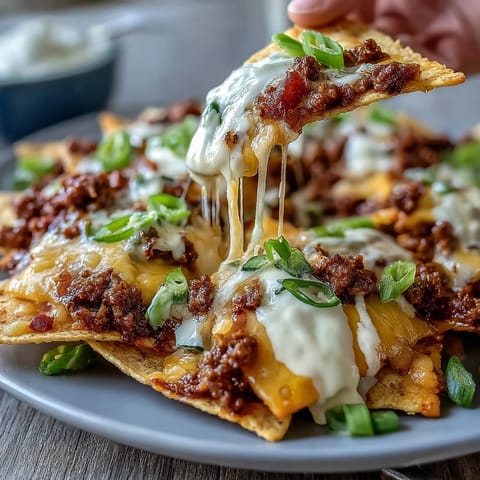 Crispy tortilla chips loaded with seasoned beef, creamy cheese sauce, and tangy jalapeños—perfect for game day snacking.  