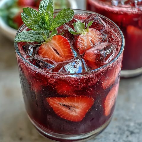 A vibrant glass of Homemade Starbucks Strawberry Açaí Refresher with fresh strawberries and ice.
