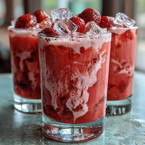 A vibrant pink drink with strawberry açaí and coconut milk, served over ice with fresh strawberry slices.