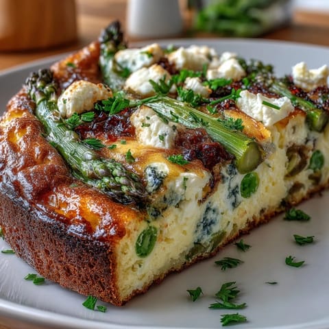 A golden frittata loaded with asparagus, peas, and goat cheese, baked to perfection and ready for brunch.  
