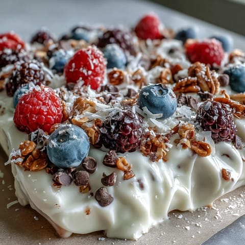 Vibrant frozen yogurt bark studded with fresh berries and crunchy granola, perfect for a healthy summer treat.