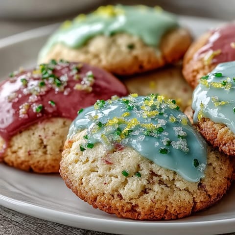 Soft, citrusy lemon cookies topped with a smooth pastel glaze for a cheerful dessert.