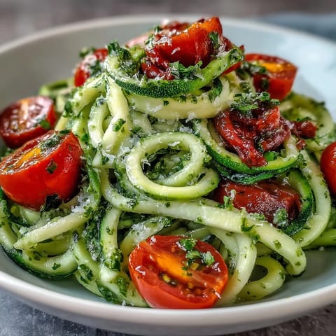 Vibrant zucchini noodles tossed with basil pesto and juicy cherry tomatoes for a fresh summer meal.  