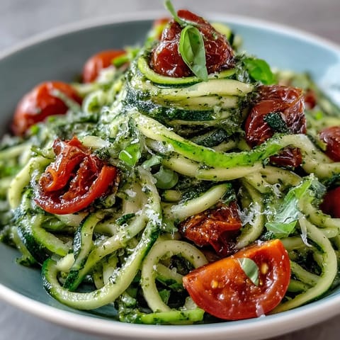 Spiralized zucchini with homemade pesto and sweet cherry tomatoes in a light, healthy vegetarian dish.  
