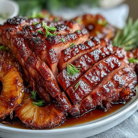 Honey glazed ham with pineapple rings and cherries, a festive holiday centerpiece with golden caramelized crust.