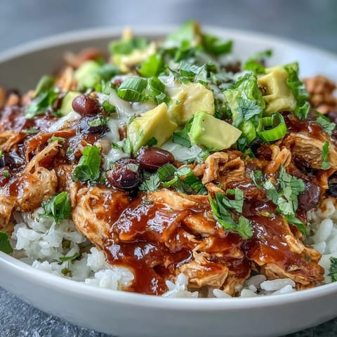 Slow cooker salsa chicken bowls featuring tender shredded chicken, zesty salsa, and colorful toppings like cherry tomatoes and cilantro on fluffy rice.  