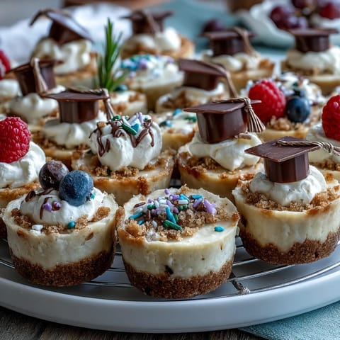 Miniature, creamy Easy Graduation Cheesecake Bites are perfect for festive party celebrations.