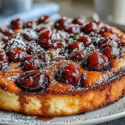 Fresh Cherry Clafoutis dusted with powdered sugar, a tender custard baked with juicy cherries.
