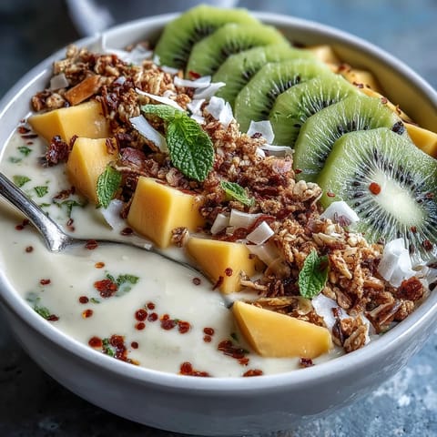 Vibrant Mango Chili Lime Smoothie Bowl topped with fresh fruit and crunchy granola.