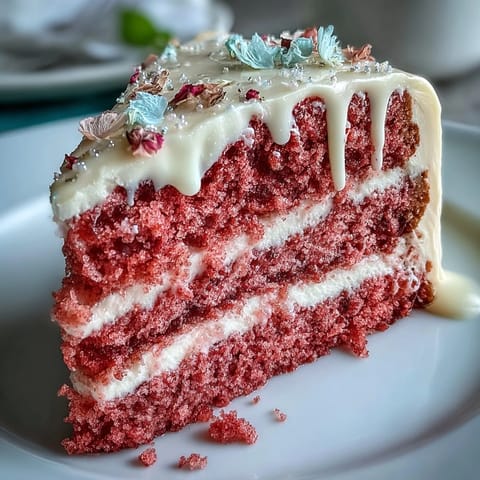 Elegant Rosé Velvet Cake gleams with a luxurious gold drip, perfect for celebrations.